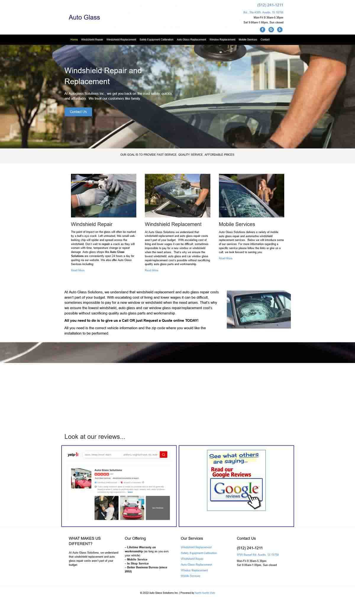 Auto Glass Solutions website before redesign — outdated layout with no conversion elements