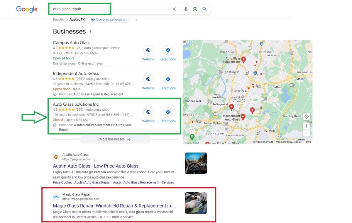 Keyword ranking comparison showing Auto Glass Solutions outranking competitors