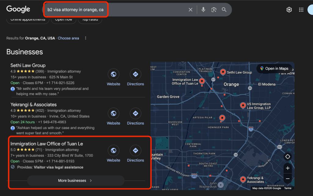 Google 3-pack result: "b2 visa attorney in orange, ca" — Immigration Law Office of Tuan Le ranked #3