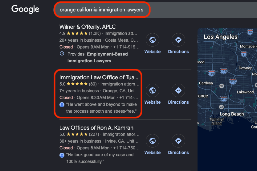 Google 3-pack result: "orange california immigration lawyers" — Immigration Law Office of Tuan Le ranked #2