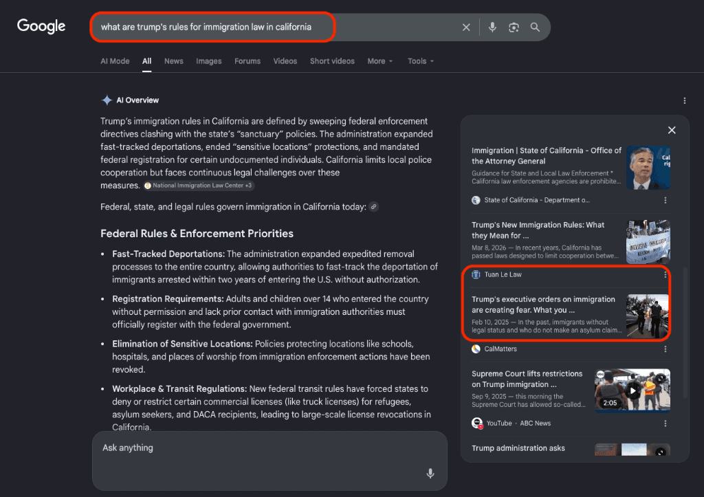 Google AI sidebar for "what are trump's rules for immigration law in california" — Tuan Le Law featured in the right-hand panel