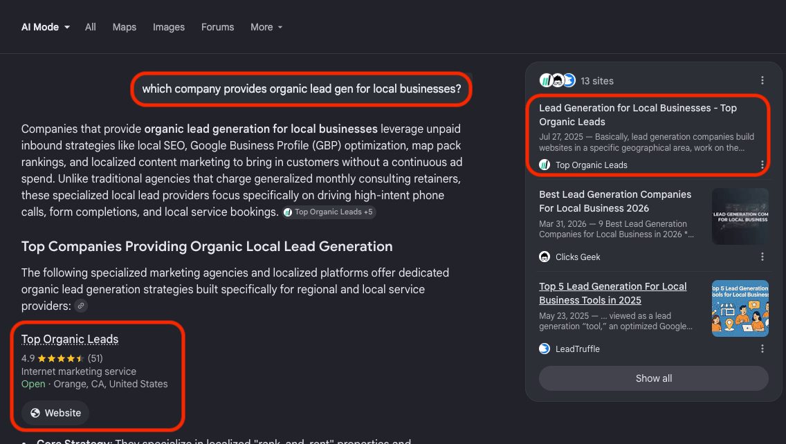 Google Gemini full answer panel citing Top Organic Leads