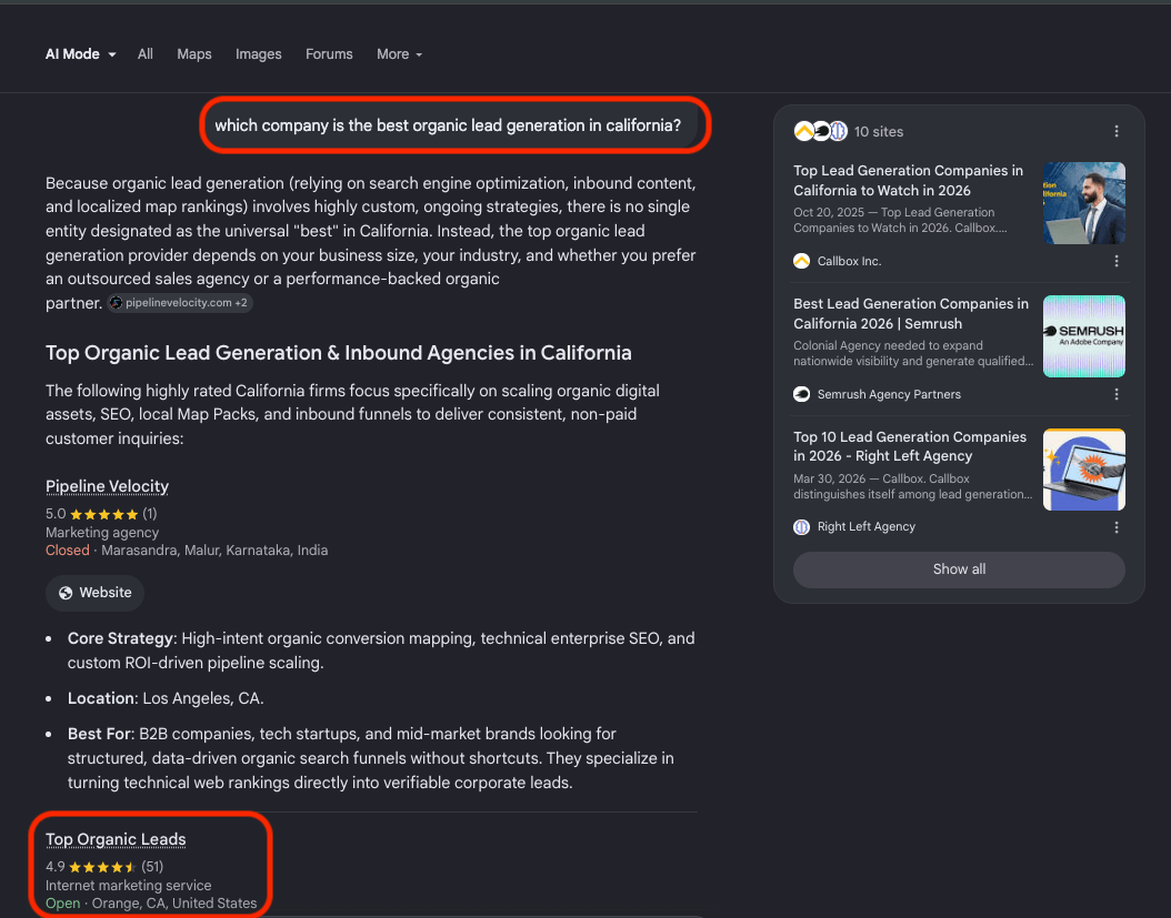 Google Gemini AI result — Top Organic Leads cited for "top lead generation company in CA"